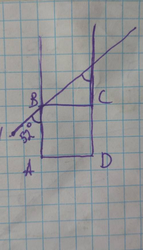 точка N не належить площині квадрата abcd, кут NBA=52°. Знайдіть кут між прямими NB і CD