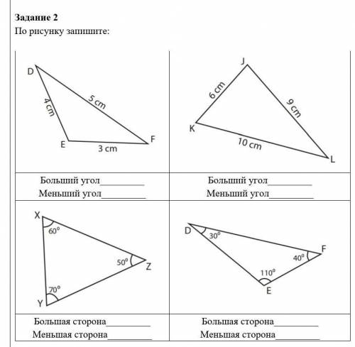 Задание 2По рисунку запишите:Больший уголМеньший угол Больший уголМеньший угол