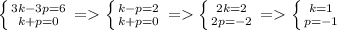 \left \{ {{3k -3p = 6} \atop {k+p=0}} \right. = \left \{ {{k - p = 2} \atop {k + p = 0}} \right. = \left \{ {{2k = 2} \atop {2p = -2}} \right. = \left \{ {{k = 1} \atop {p = -1}} \right.