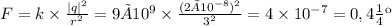 F = k \times \frac{|q|^{2} }{r ^{2} } = 9×10^9 \times \frac{(2×10^{ - 8})^{2} }{3^{2} } = 4 \times 10 ^{ - 7} Н = 0,4 мкН