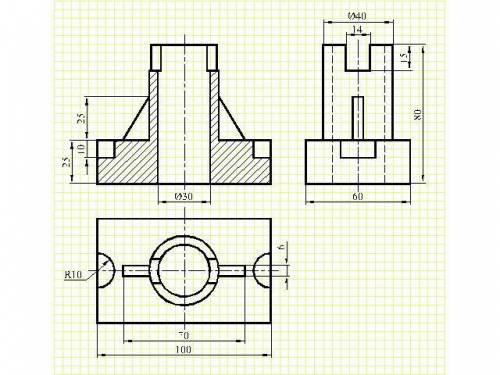 По двум видам детали построить третий. Выполнить необходимые разрезы. Проставить размеры.
