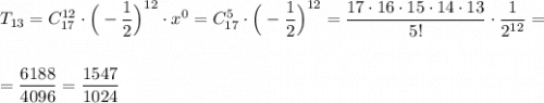 T_{13}=C_{17}^{12}\cdot \Big(-\dfrac{1}{2}\Big)^{12}\cdot x^0=C_{17}^5\cdot \Big(-\dfrac{1}{2}\Big)^{12}=\dfrac{17\cdot 16\cdot 15\cdot 14\cdot 13}{5!}\cdot \dfrac{1}{2^{12}}==\dfrac{6188}{4096}=\dfrac{1547}{1024}