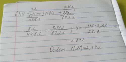 Терміново!У результаті реакції HCl з Al утворюється 3,36 л газоподібного водню. Визначте обєм алюмін