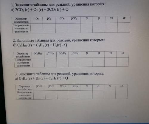 решить заполните таблицу для реакций, уравнения которых:1.А) 2CO2 (г) +O2(г) =2Co2 (г) +Q2.Б) C4H10(