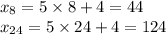 x_8 = 5 \times 8 + 4 = 44 \\ x_{24} = 5 \times 24 + 4 = 124