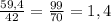 \frac{59,4}{42}=\frac{99}{70}=1,4