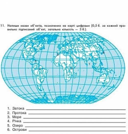 11. Напиши назын об'єктів, позначених на карті цифрами |0,5 , за кожний пра- вильно підписаний об'єк