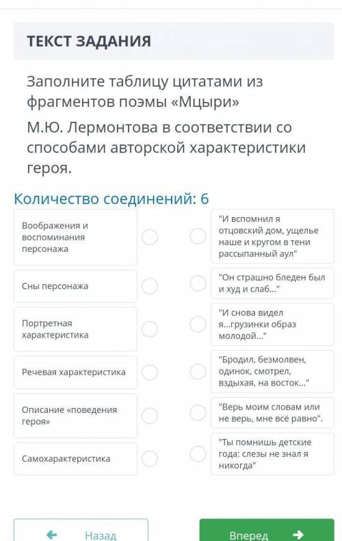 Заполните таблицу цитатами из фрагментов поэмы «Мцыри» М.Ю. Лермонтова в соответствии со авторской х