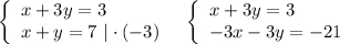 \left\{\begin{array}{l}x+3y=3\\x+y=7\ |\cdot (-3)\end{array}\right\ \ \left\{\begin{array}{l}x+3y=3\\-3x-3y=-21\end{array}\right