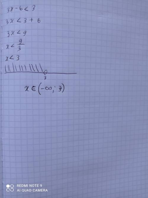 Знайдіть розв’язок нерівності: 3х − 6 < 3.