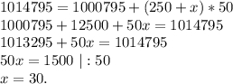 1014795=1000795+(250+x)*50\\1000795+12500+50x=1014795\\1013295+50x=1014795\\50x=1500\ |:50\\x=30.