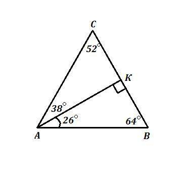 У рівнобедреному трикутнику АВС з основою АВ проведено висоту АК. ВАК=26°. Знайдіть ДАМ 50