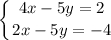 \displaystyle\left \{ {{4x-5y=2} \atop {2x-5y=-4}} \right.