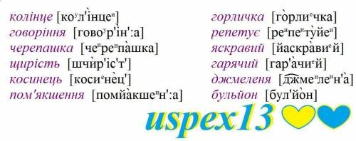 Будь ласка . транскрипція слов:колінце говоріння черепашка щирість косинець пом'якшення горличкарепе