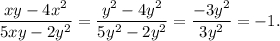 \displaystyle\frac{{xy - 4{x^2}}}{{5xy - 2{y^2}}} = \displaystyle\frac{{{y^2} - 4{y^2}}}{{5{y^2} - 2{y^2}}} = \displaystyle\frac{{ - 3{y^2}}}{{3{y^2}}} = - 1.