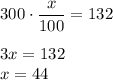 300 \cdot \dfrac{x}{100}=1323x=132\\x=44