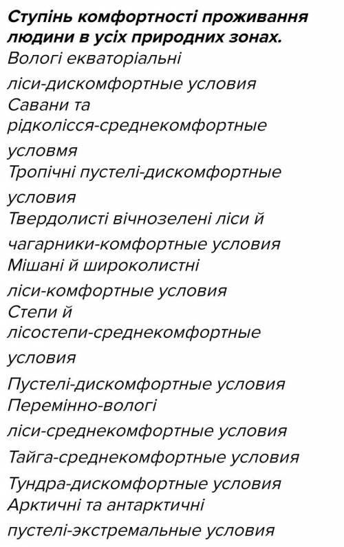 Ступінь комфортності проживання людини в усіх природних зонах. (Вологі екваторіальні ліси,Савани та